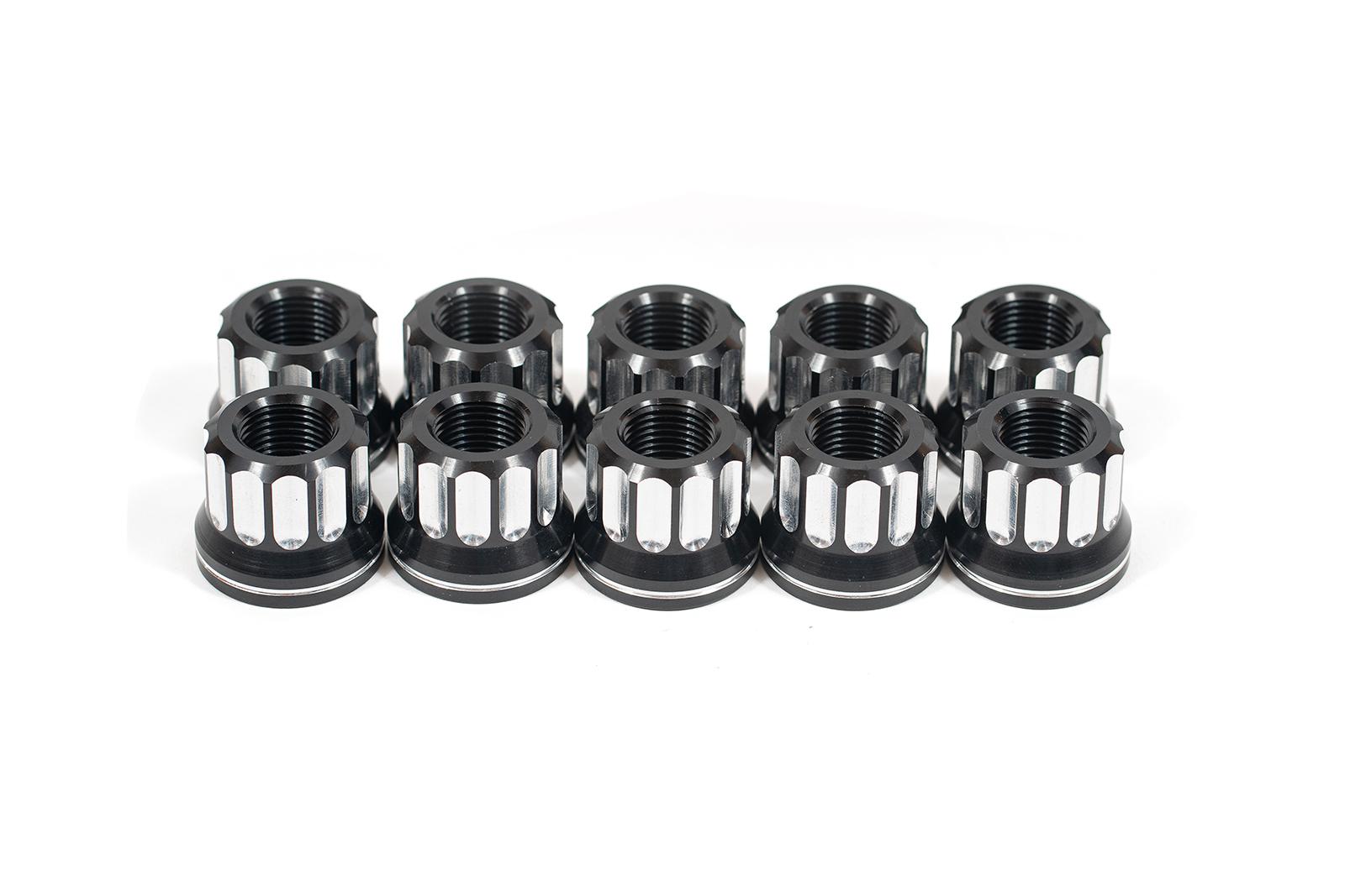 Lug nut kit, 5/8-18 RH, flange, 12-pt, aluminum, set of 10 BMR Suspension لـ Mustang 1979-2004 Lug nut kit, 5/8-18 RH, flange, 12-pt, aluminum, set of 10 BMR Suspension لـ Mustang 1979-2004